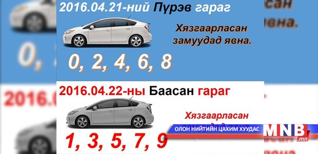 Маргааш тэгш тоогоор төгссөн дугаартай авто машин замын хөдөлгөөнд оролцоно