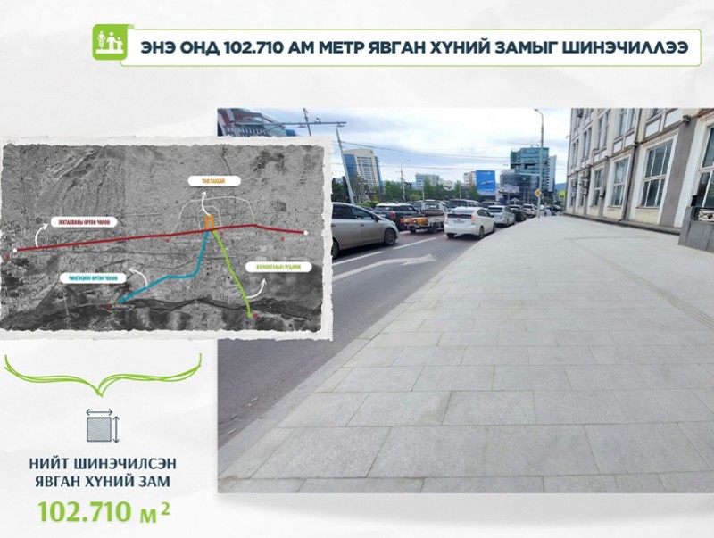 102.710 ам метр явган замыг байгалийн чулуун хавтангаар шинэчлээд байна