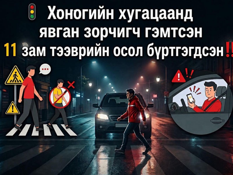 Хоногийн хугацаанд явган зорчигч мөргөж гэмтээсэн 11 зам тээврийн осол бүртгэгджээ
